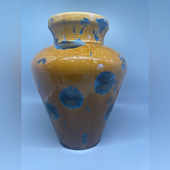 Crysatalline Vase Orange/Brown Blue 8.5” Signed And Dated